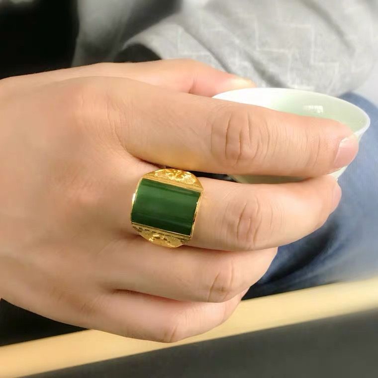 正品纯金翡翠碧绿戒指男足金999霸气24k黄金色指环送家人新年礼物